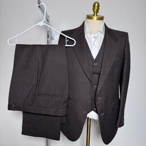 1980s Lancaster 3-Piece Suit Mens 38R 34W Brown Herringbone Wool Vintage